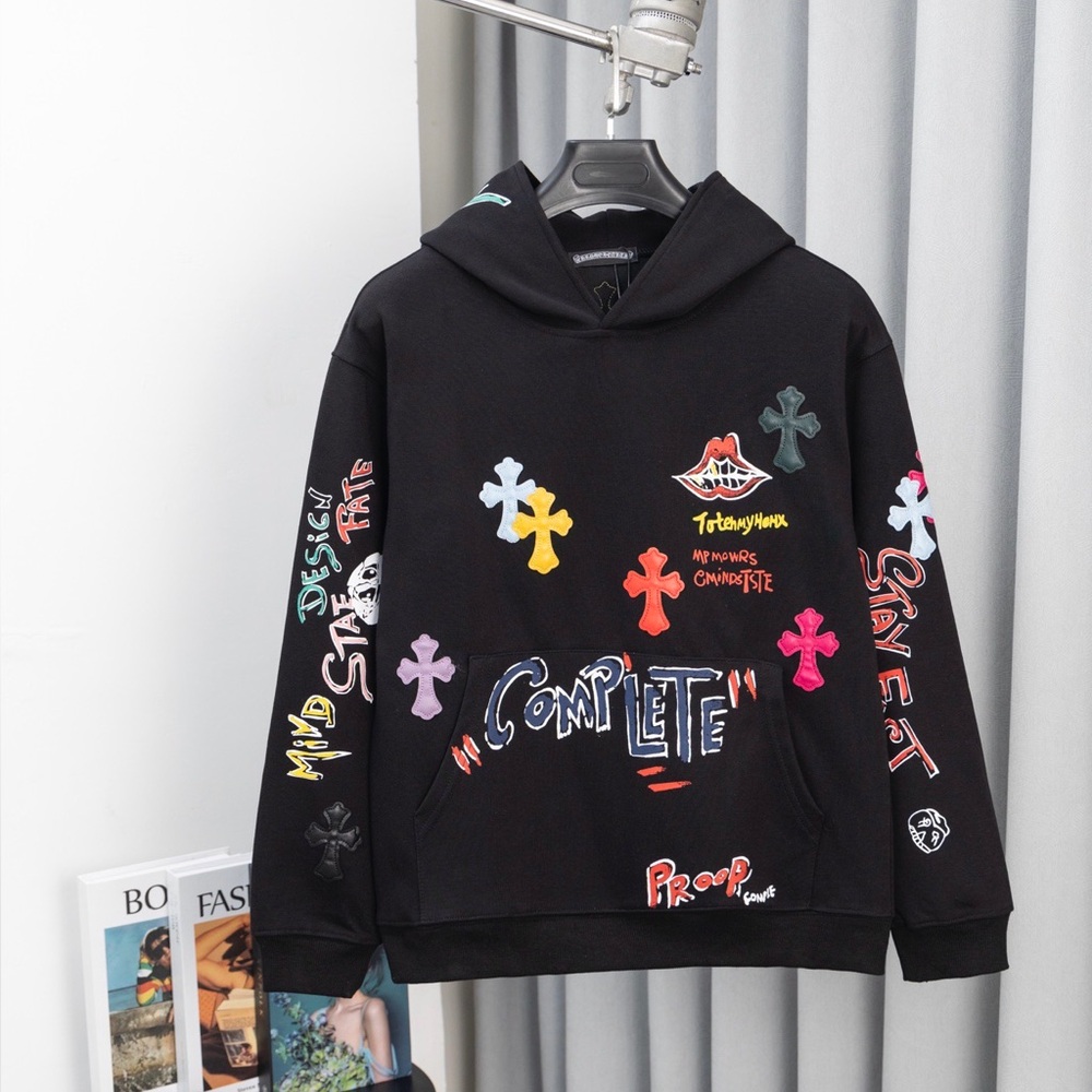 Chrome Hearts Black Crewneck Hoodie with Multicolor Cross Graphics